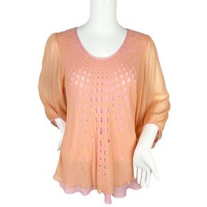 Sundance Silk Eyelet Peasant Lagenlook Peach/Pink Baloon Sleeve Top Size Small